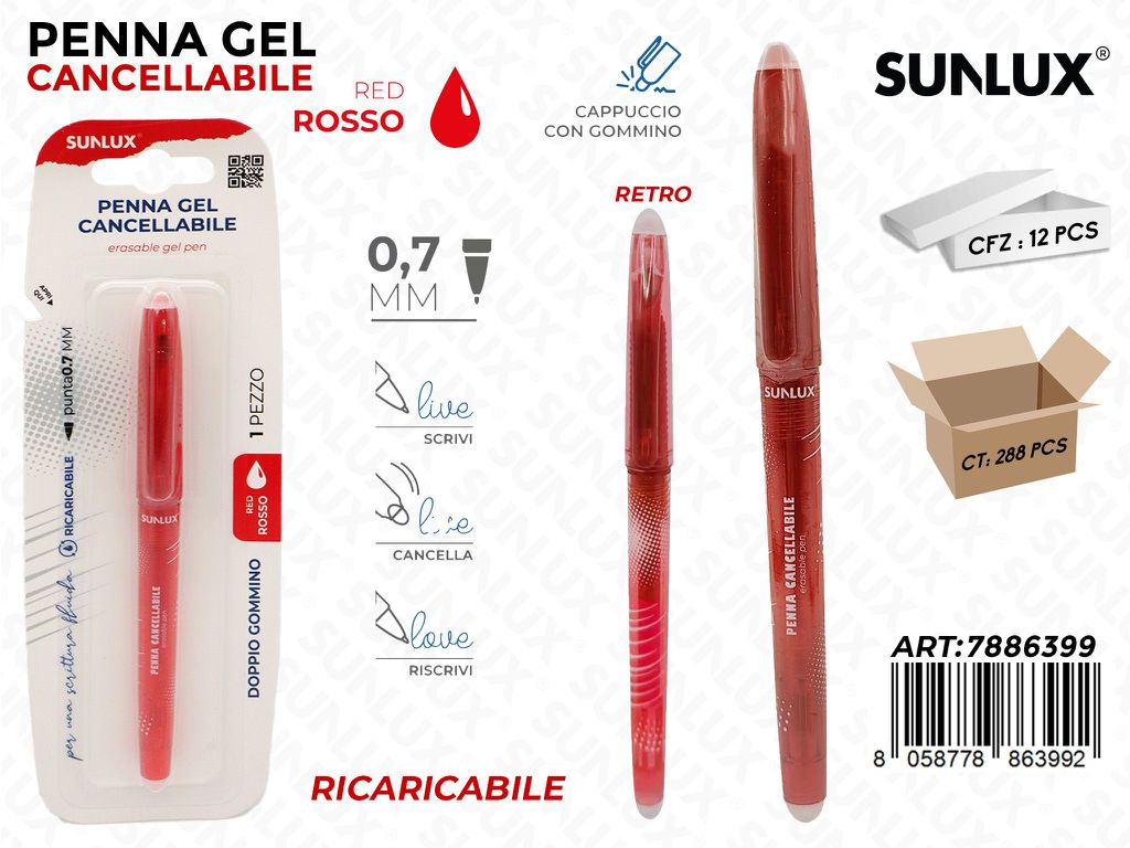 Sunlux Penna Gel Cancellabile Rosso 0.7MM