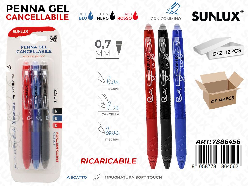 Sunlux Bl. Penna Gel a Scatto Cancel. Ass. 3PCS 0.7MM