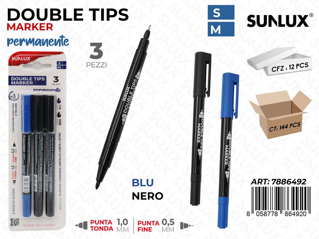 DOUBLE TIPS MARKER PERM. ASS. 3PCS /PZ DA 12**