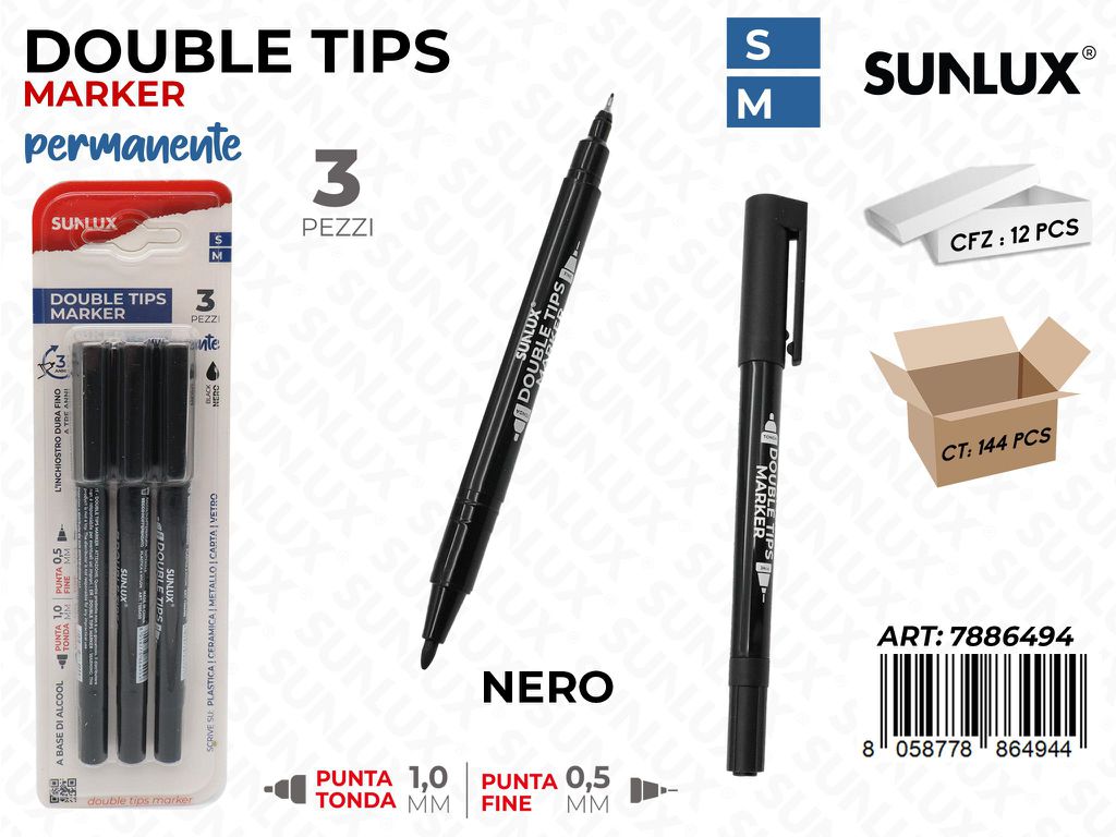 Sunlux Double Tips Marker Perm. Nero 3PCS