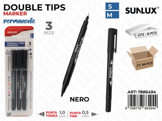 Sunlux Double Tips Marker Perm. Nero 3PCS