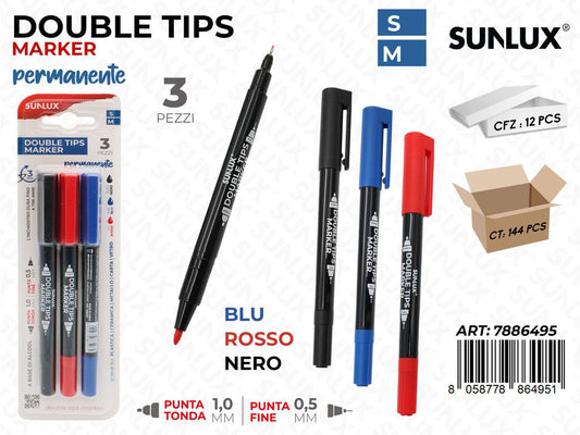 Sunlux Double Tips Marker Perm. Ass. 3PCS