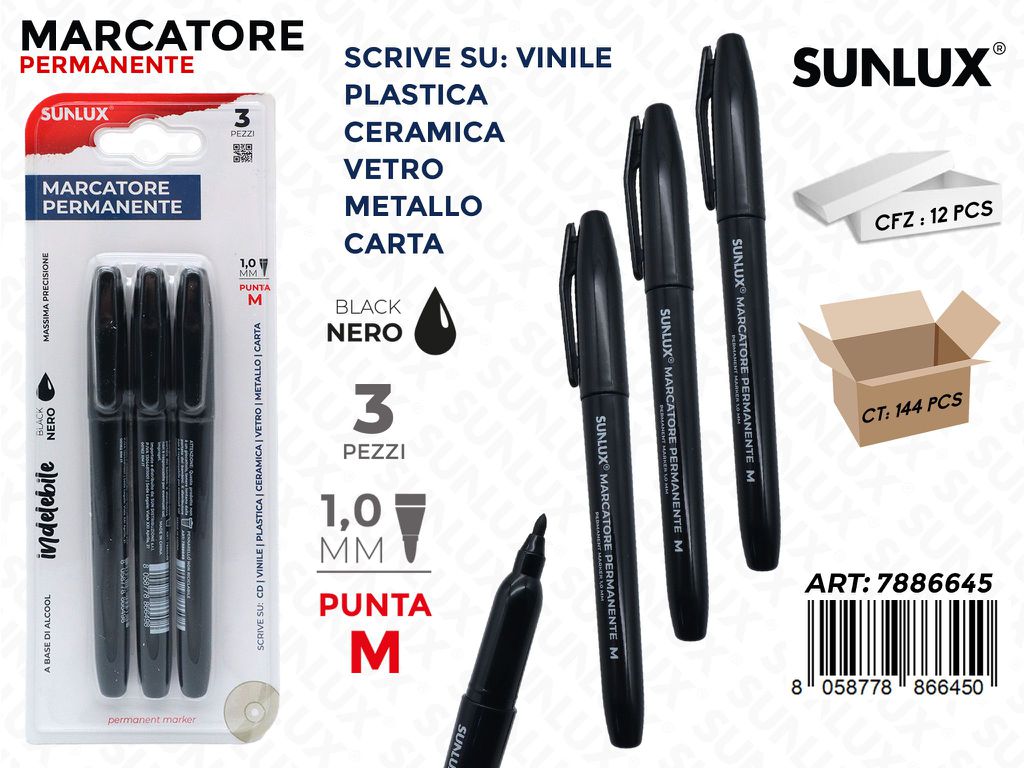 Sunlux Marcatore Perm. 3PCS Nero M 1.0MM
