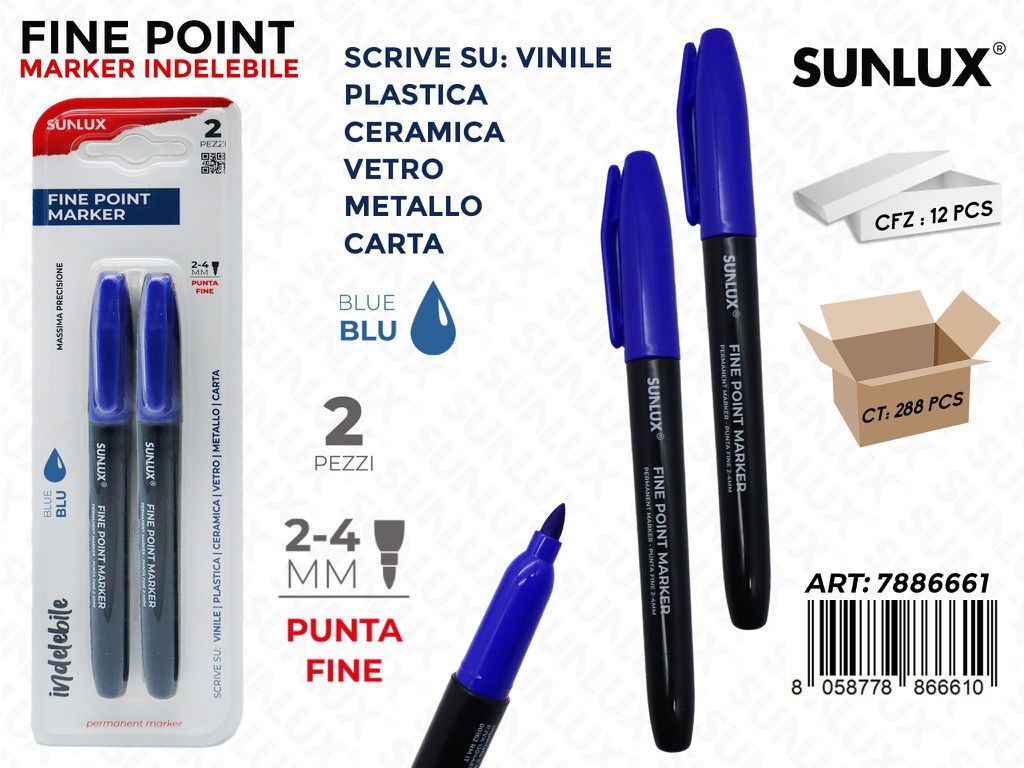 Sunlux Fine Point Marker Indel. 2PCS Blu 2-4MM