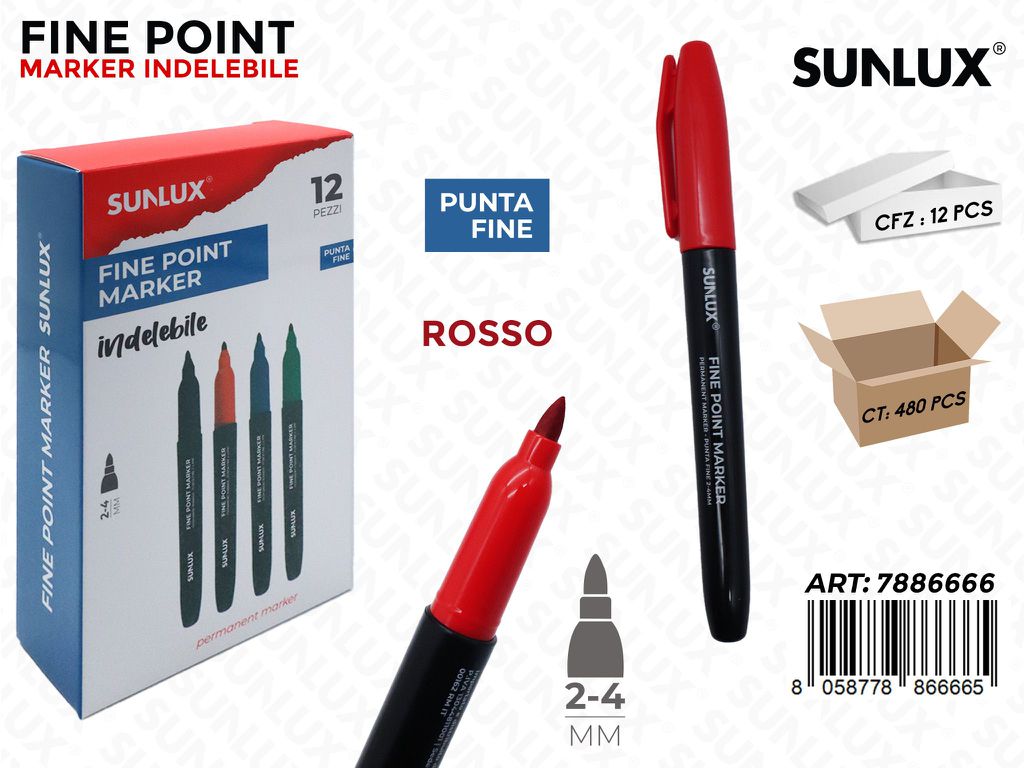 Sunlux Fine Point Marker Indel. Rosso 2-4MM