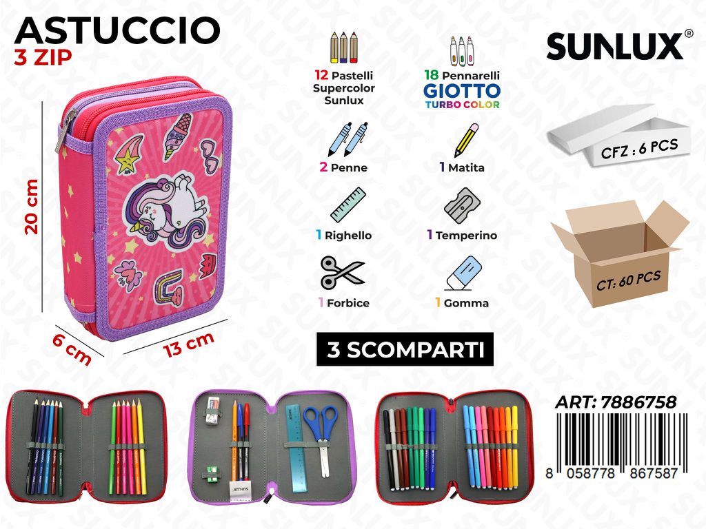 ASTUCCIO 3ZIP UNICORN C/GIOTTO 13*20*6CM
