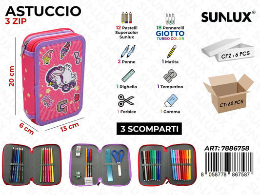 ASTUCCIO 3ZIP UNICORN C/GIOTTO 13*20*6CM