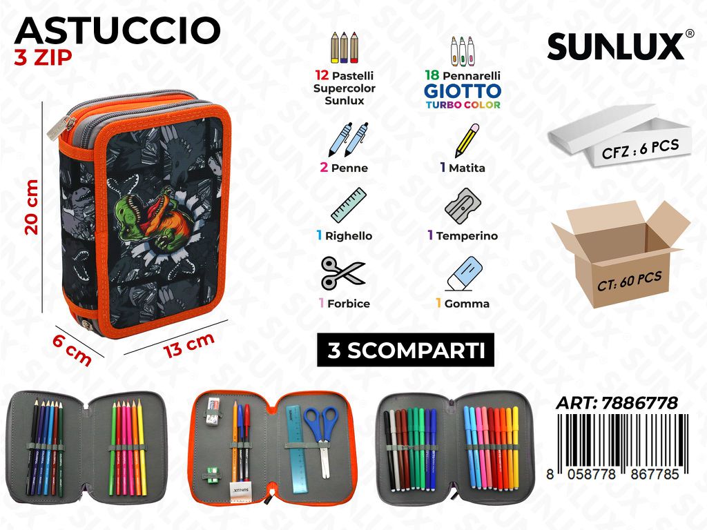 ASTUCCIO 3ZIP DINOSAURO C/GIOTTO 13*20*6CM