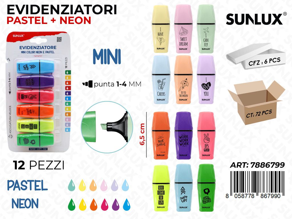 Sunlux Evidenziatori Mini Pastel-neon 12PCS Ass.