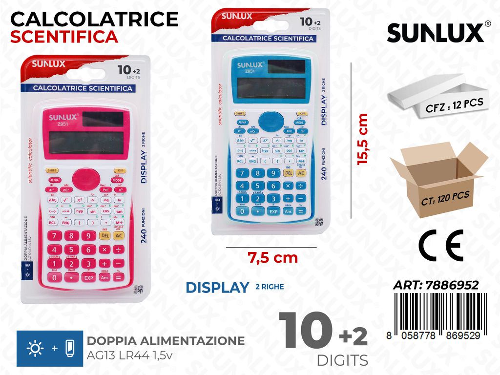 Sunlux Calcolatrice Scient. 12FUNZ. 7.5*15.5CM Ass.