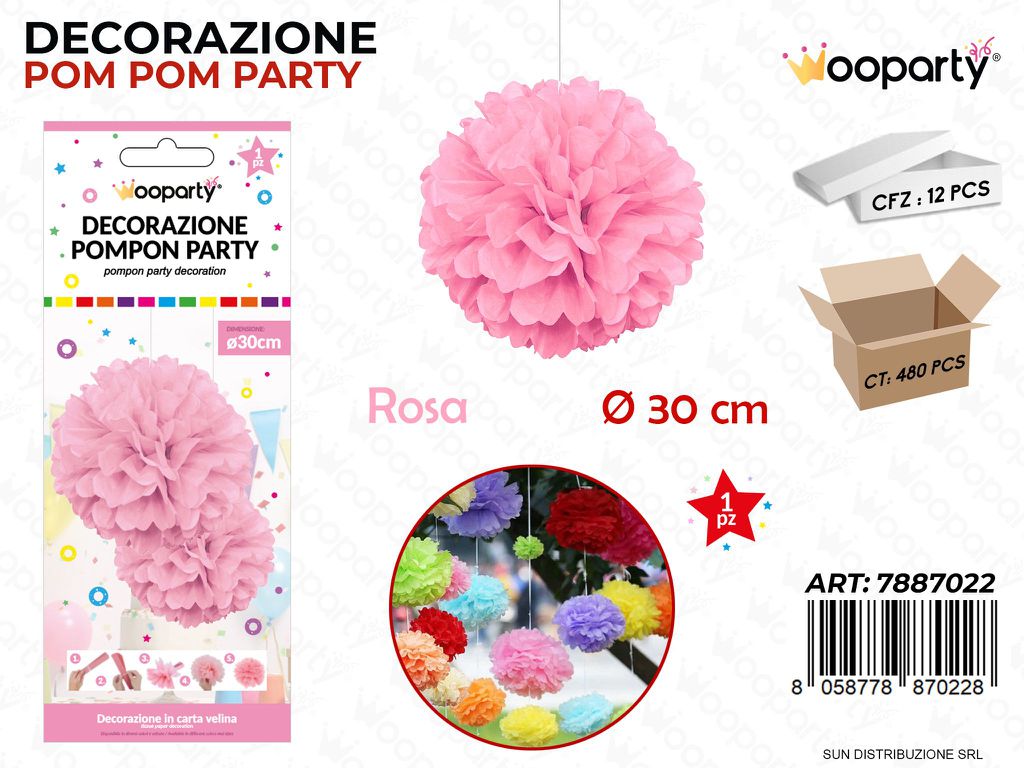 DEC. POMPON PARTY ROSA D.30CM /PZ DA 12**