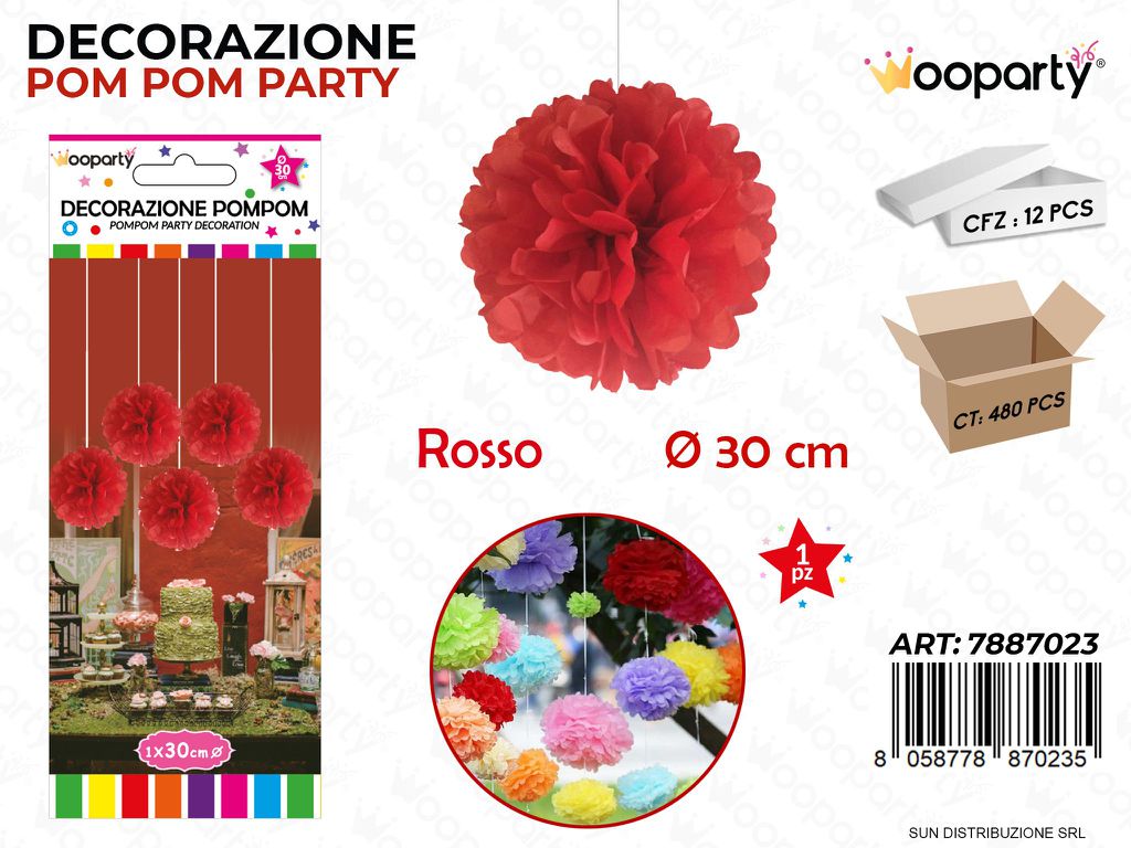 DEC. POMPON PARTY ROSSO D.30CM /PZ DA 12**