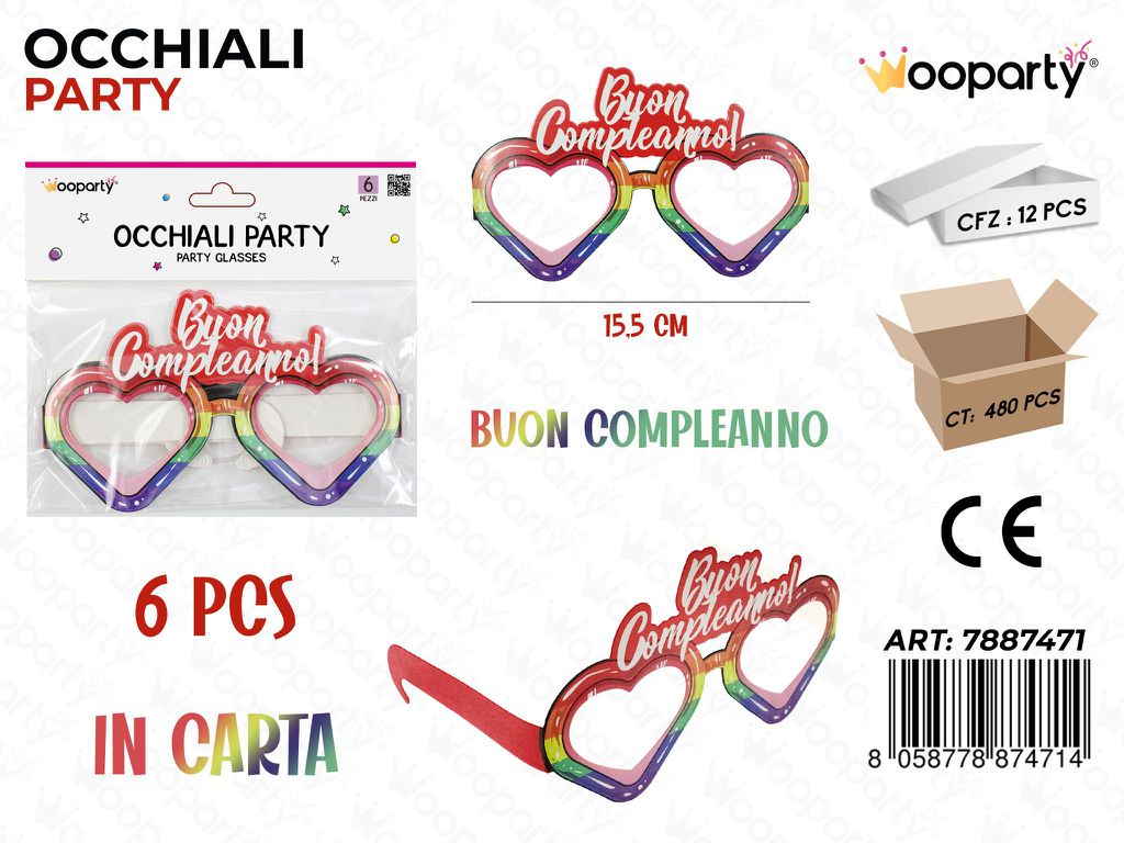 OCCHIALI PARTY IN CARTA B. COMPL. 6PCS 15.5CM /PZ DA 12**