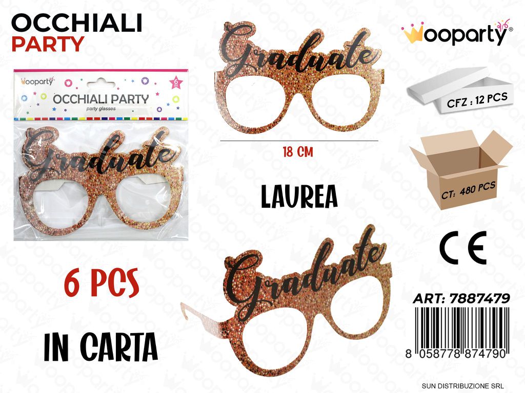OCCHIALI PARTY IN CARTA LAUREA 6PCS 18CM /PZ DA 12**