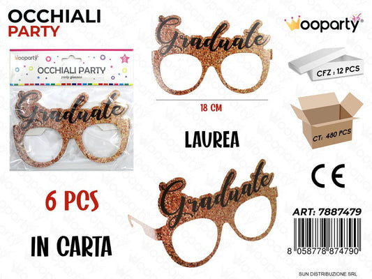 OCCHIALI PARTY IN CARTA LAUREA 6PCS 18CM /PZ DA 12**