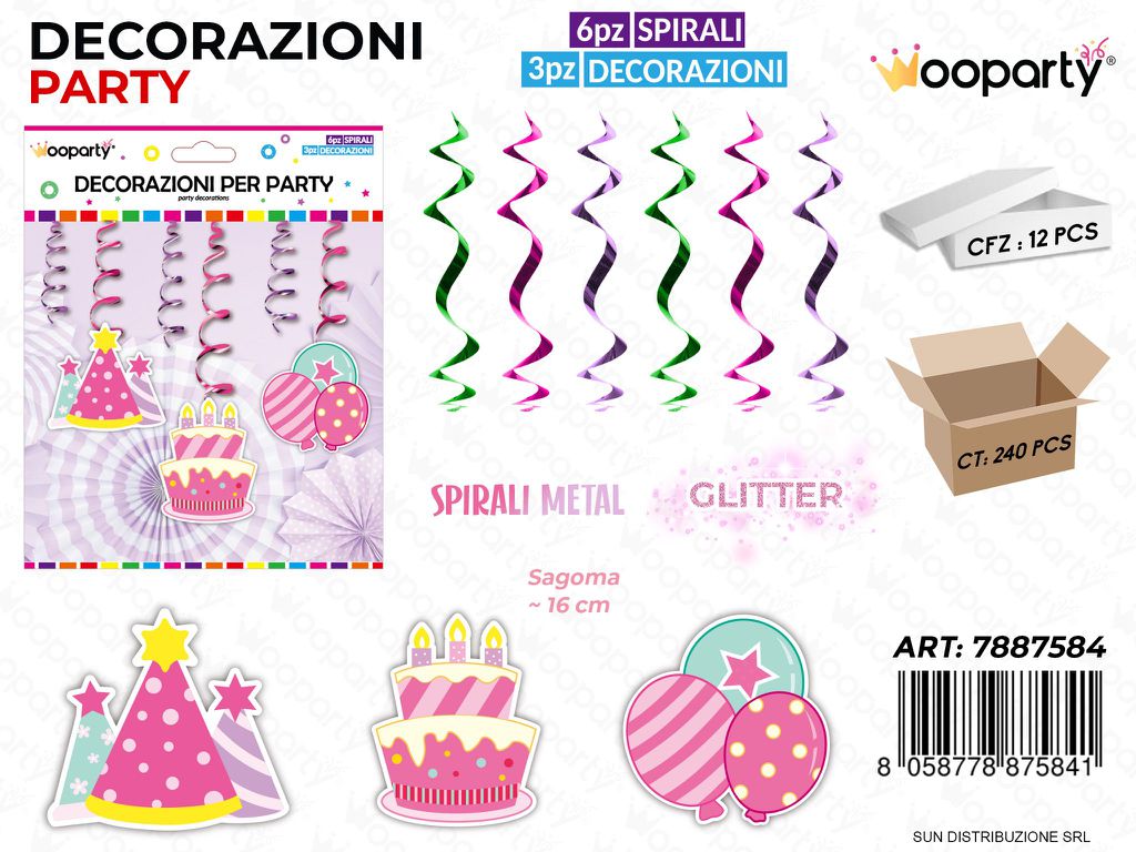 DEC. PARTY SPIRALI COMPL. ROSA GLITT. 6PCS ASS /PZ DA 12**