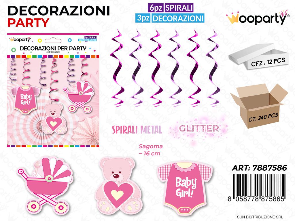 DEC. PARTY SPIRALI BABY GIRL GLITT. 6PCS ASS. / PZ DA 12**