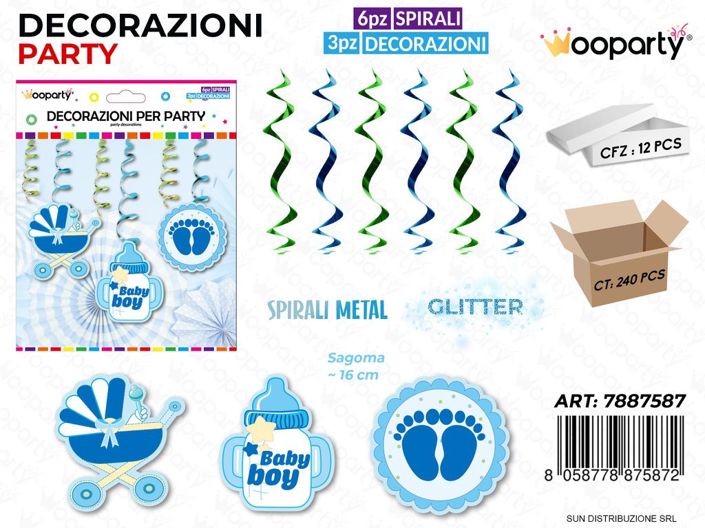 DEC. PARTY SPIRALI BABY BOY GLITT. 6PCS ASS. /PZ DA 12**