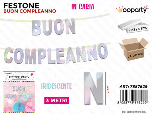 FESTONE B. COMPLEANNO IRIDESCENTE 3MT /PZ DA 12**