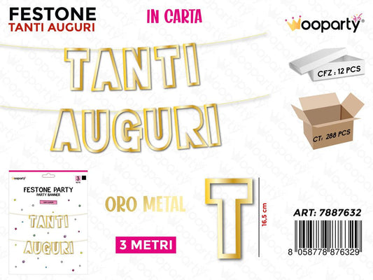FESTONE TANTI AUGURI ORO METAL 3MT /PZ DA 12**
