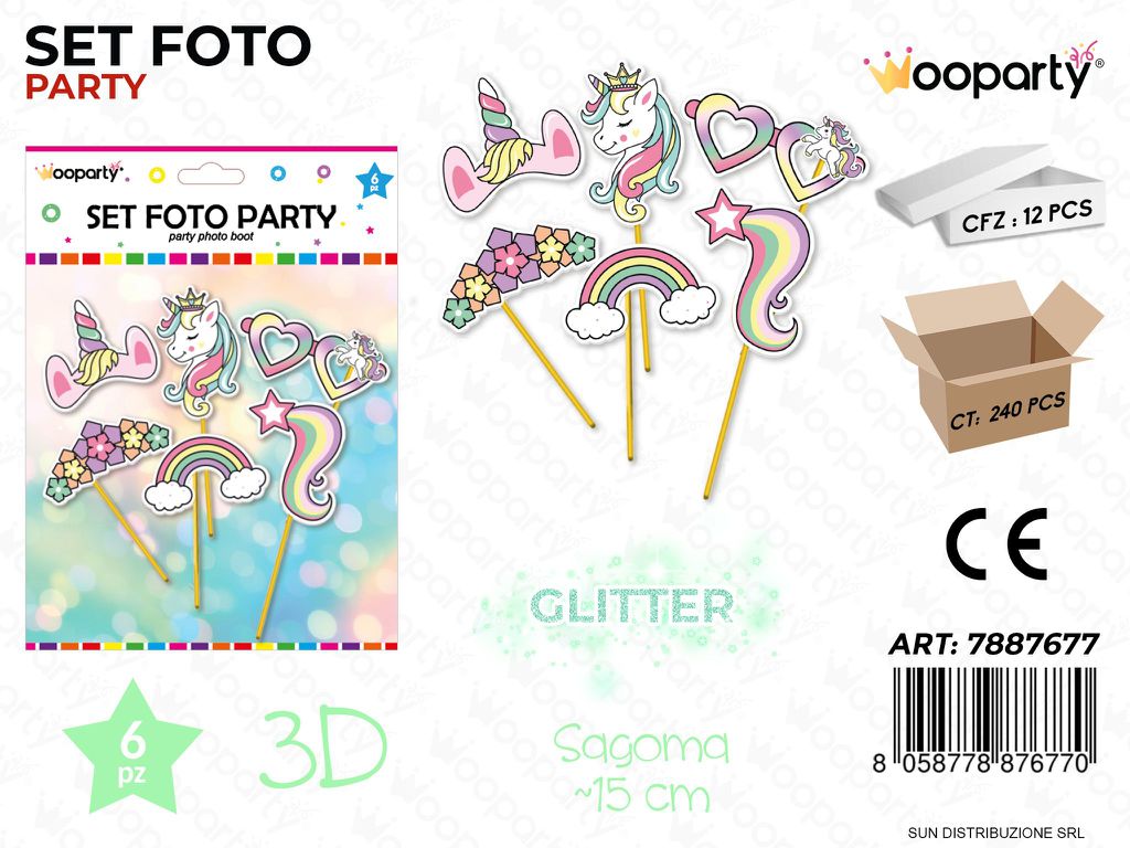 SET FOTO PARTY UNICORN GLITTER 3D 6PCS/ PZ DA 12**