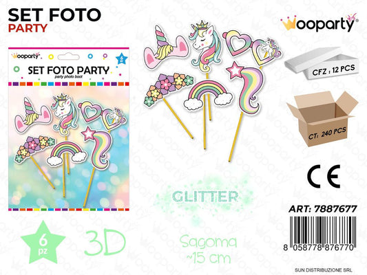 SET FOTO PARTY UNICORN GLITTER 3D 6PCS/ PZ DA 12**