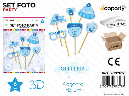 SET FOTO PARTY ITS A BOY GLITTER 3D 6PCS/ PZ DA 12**