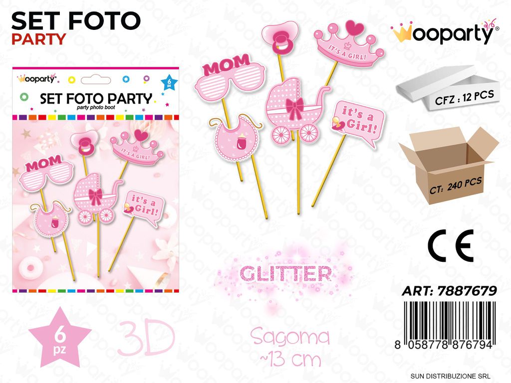 SET FOTO PARTY ITS A GIRL GLITTER 3D 6PCS/ PZ DA 12**