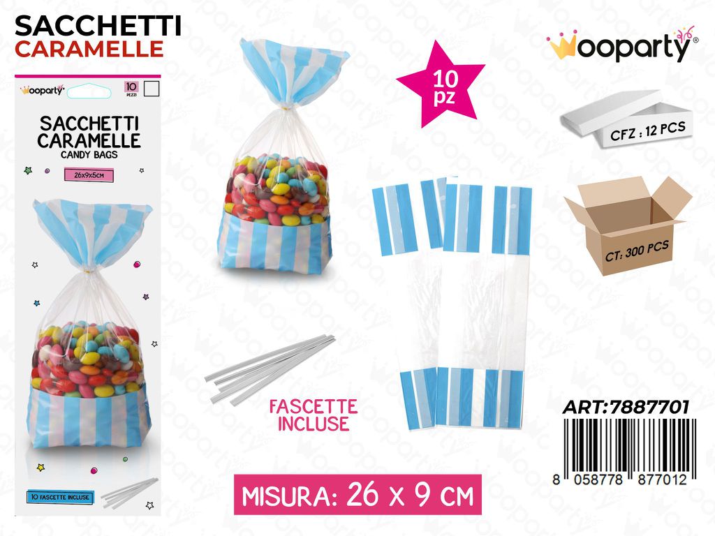 SACCHETTI CARAMELLE CELESTE 26*9*5CM-10PCS /PZ DA 12**