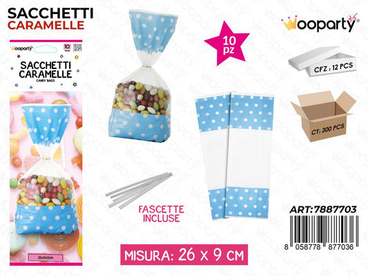 SACCHETTI CARAMELLE CELESTE  26*9*5CM-10PCS /PZ DA 12**