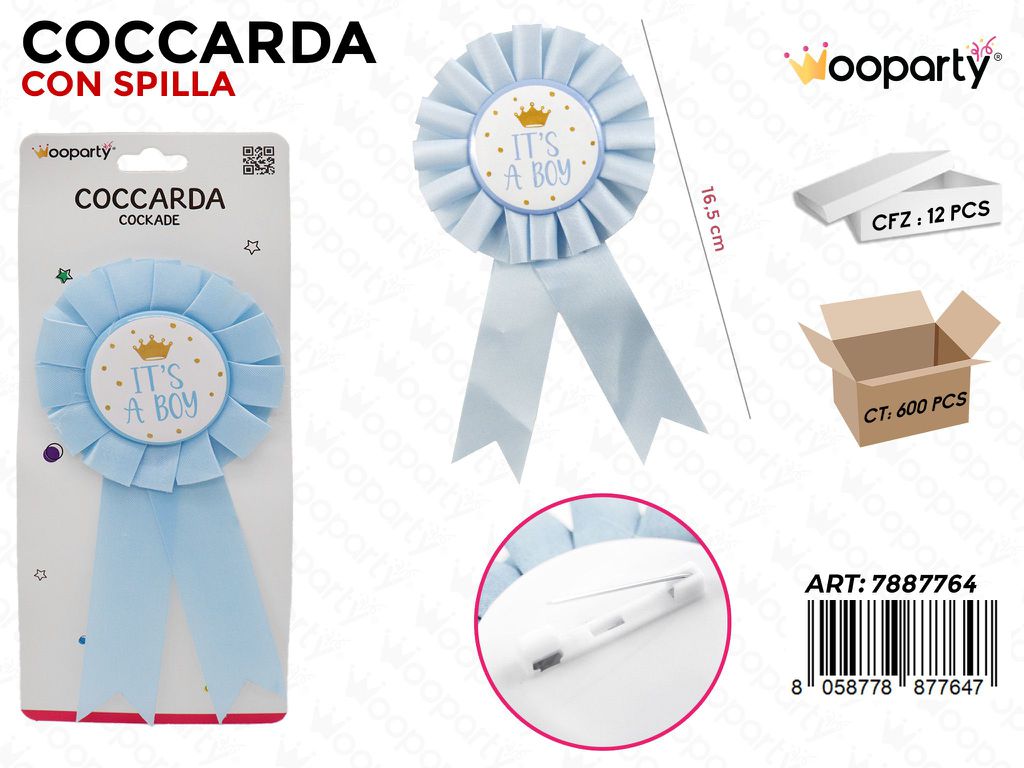 COCCARDA C/ SPILLA ITS A BOY 16.5CM /PZ DA 12**