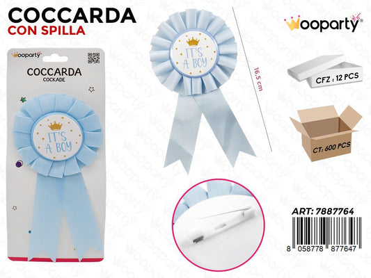 COCCARDA C/ SPILLA ITS A BOY 16.5CM /PZ DA 12**