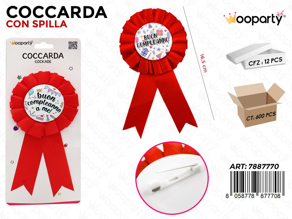 COCCARDA C/ SPILLA B. COMPLEANNO 16.5CM /PZ DA 12**