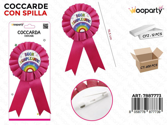 COCCARDA C/ SPILLA B. COMPLEANNO 16.5CM /PZ DA 12**