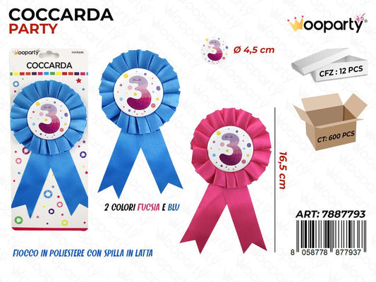 COCCARDA PARTY  3ANNI COL. ASS. 16.5CM /PZ DA 12**