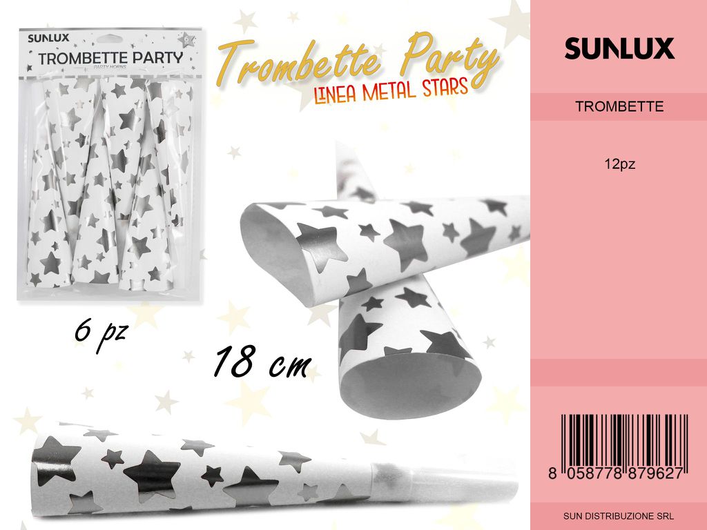 L. METAL STARS ARGENTO TROMBETTE 18CM- 6PC /PZ DA 12**