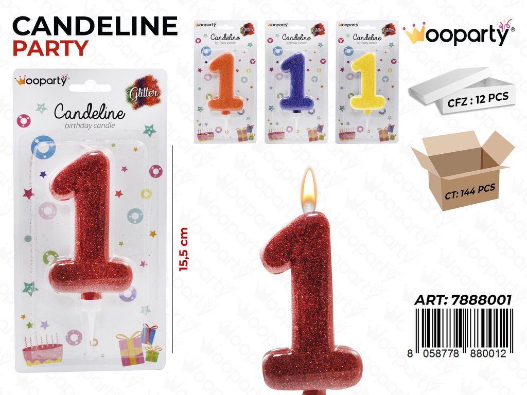 CANDELA GIGANTE N.1 GLITTER ASS  15.5CM  /PZ DA 12**