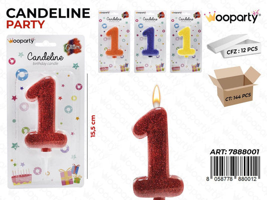 CANDELA GIGANTE N.1 GLITTER ASS  15.5CM  /PZ DA 12**