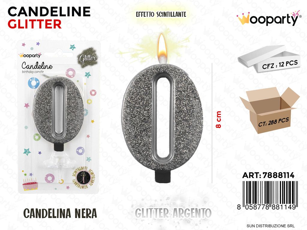 CANDELINE NERE GLITTER ARG. 8CM N.0 /PZ DA 12**