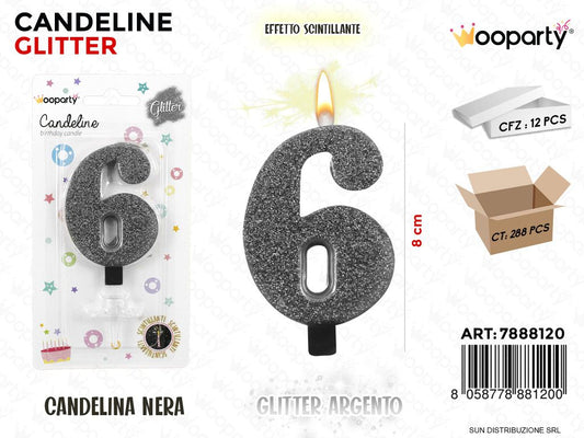 CANDELINE NERE GLITTER ARG. 8CM N.6 /PZ DA 12**