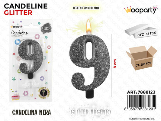 CANDELINE NERE GLITTER ARG. 8CM N.9 /PZ DA 12**