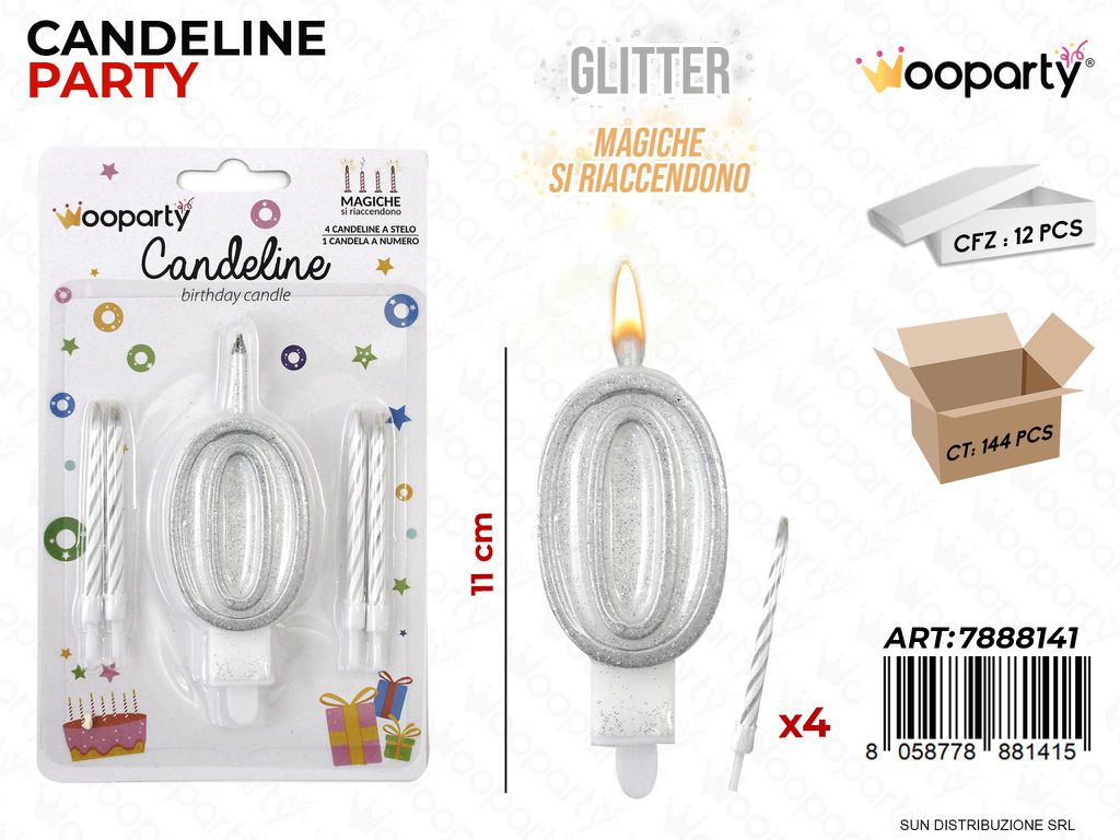 CANDELINE MAGICHE N.0 -4 STELO ARG. GLITTER /PZ DA 12**