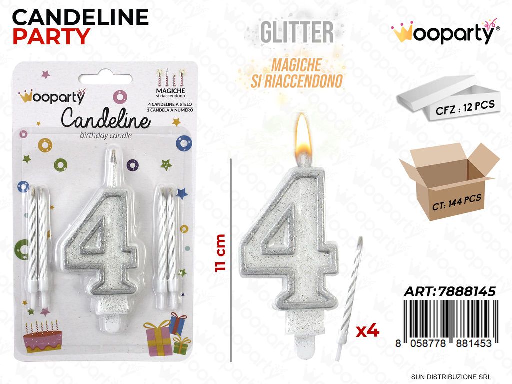 CANDELINE MAGICHE N.4 -4 STELO ARG. GLITTER /PZ DA 12**