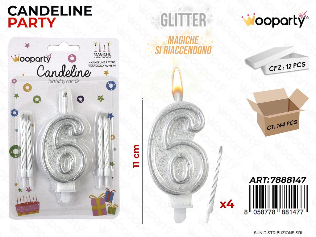 CANDELINE MAGICHE N.6 -4 STELO ARG. GLITTER /PZ DA 12**