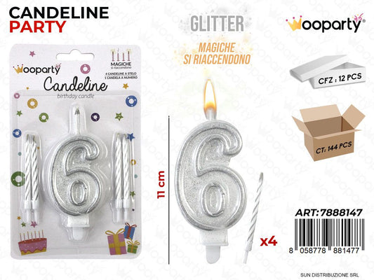 CANDELINE MAGICHE N.6 -4 STELO ARG. GLITTER /PZ DA 12**