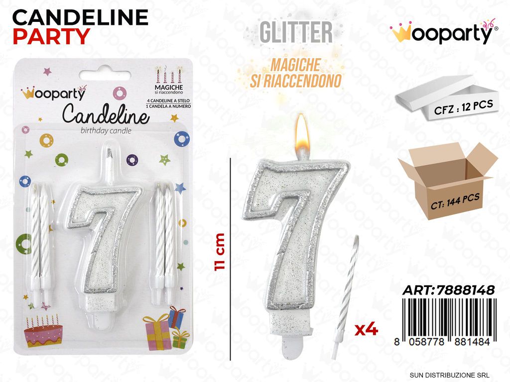 CANDELINE MAGICHE N.7 -4 STELO ARG. GLITTER /PZ DA 12**
