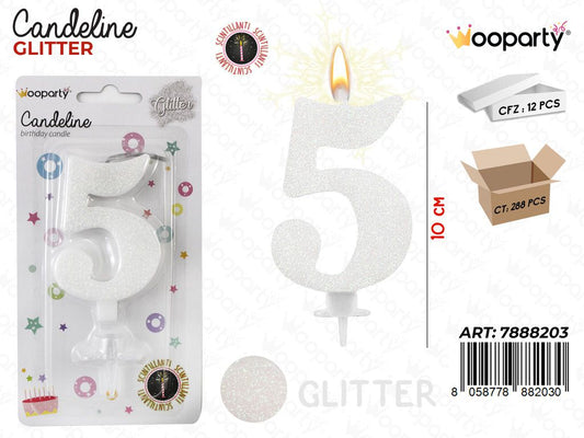 CANDELE GLITTERATE BIANCO 8CM N.5 /PZ DA 12**CFZ