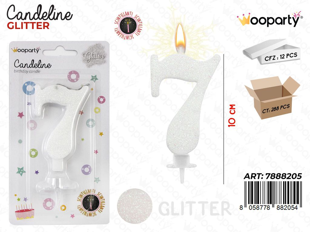 CANDELE GLITTERATE BIANCO 8CM N.7 /PZ DA 12**CFZ