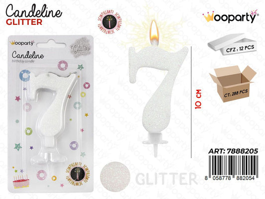 CANDELE GLITTERATE BIANCO 8CM N.7 /PZ DA 12**CFZ