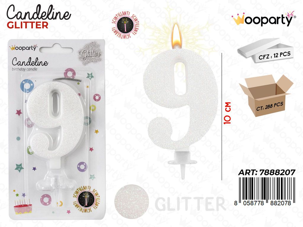 CANDELE GLITTERATE BIANCO 8CM N.9 /PZ DA 12**CFZ